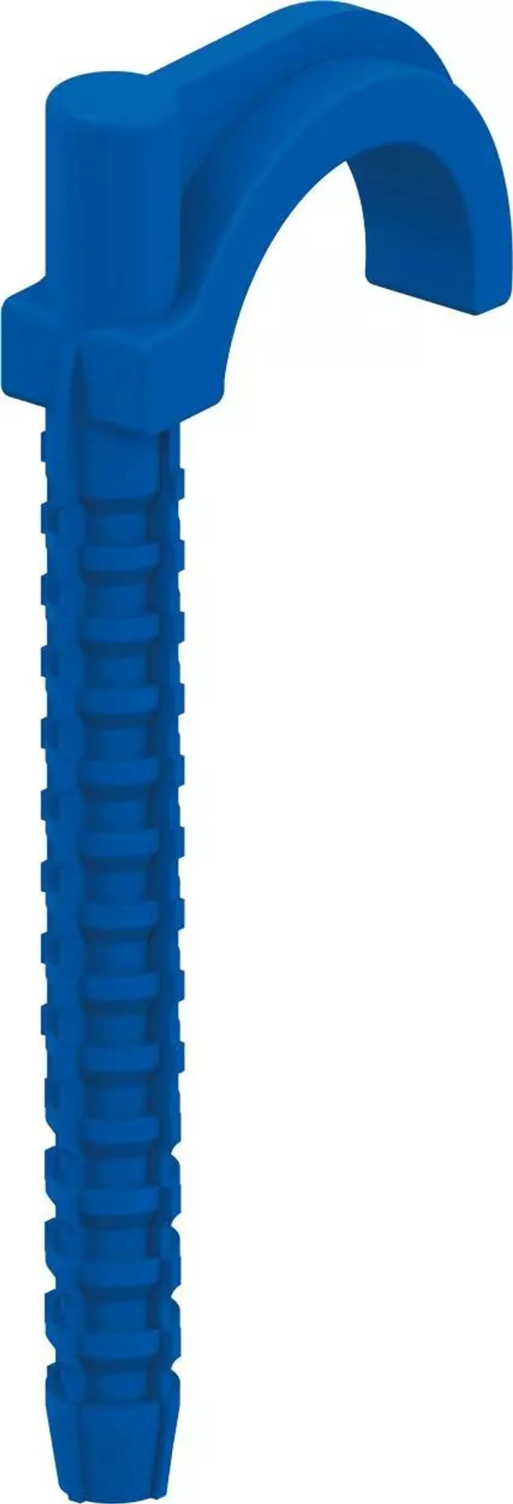 Blauer Dübelhaken mit einem gewellten Schaft und einem gebogenen oberen Teil, geliefert von Uponor, zur Verwendung in verschiedenen Befestigungsanwendungen.